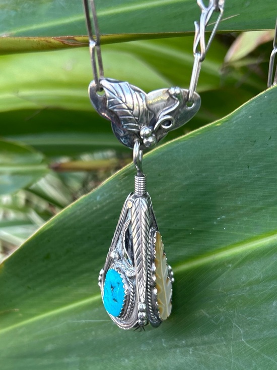Unique Vintage Jewelry - Artisan Juan Pedro Garcia sterling silver swiveling coral turquoise MOP Necklace